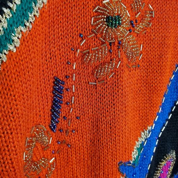Vintage Colorful Sweater Womens Medium Bright Pink Knit Beaded Glam Rock 90s - Picture 5 of 12